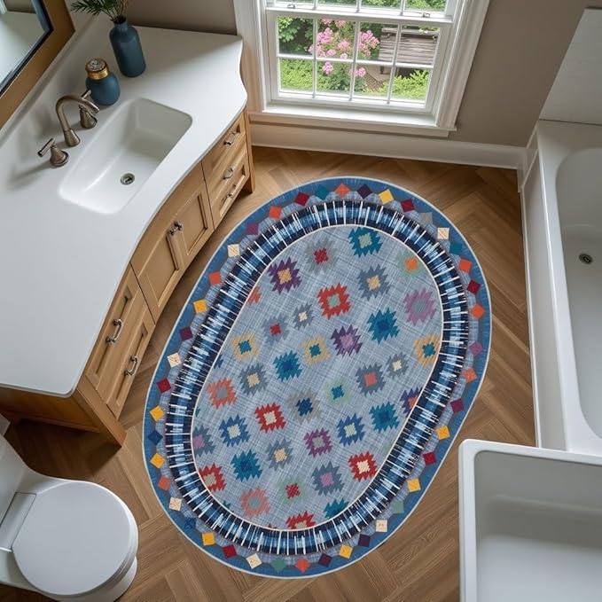 Funky Vintage Blue Red Orange Geometric Texture Indoor Area Rug for Living Room Bedroo Dining Room Faux Wool Soft Low Pile Oval Rugs 5x8 Entrance Nursery Farmhouse Rustic Country Home Office Carpet