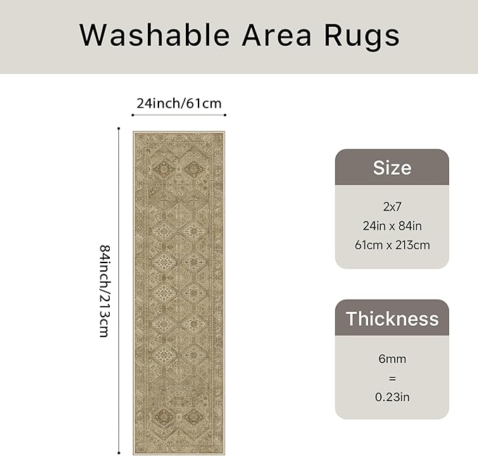 Bavni 2x7 Runner Rug Non Slip, Machine Washable Rug Runners for Hallways, Vintage Distressed Print Kitchen Runner, Low Pile Lightweight Carpet Runner for Entryway Laundry Bedroom Bathroom Nut Brown