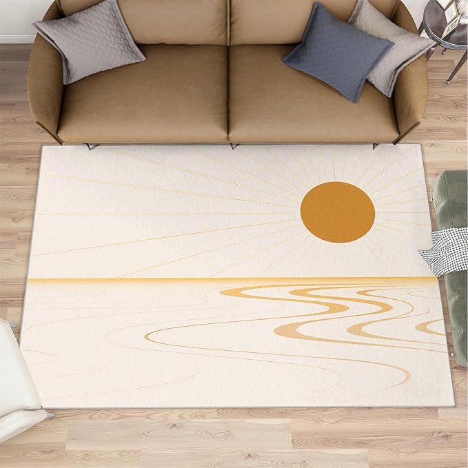 Boho Sun Area Rugs 3x4ft, Minimalist Sunburst Kids Bedroom Rug, Geometric Solar Bedside Rug Durable Non Slip for Cafe Living Room Under Table Boys Room Decor