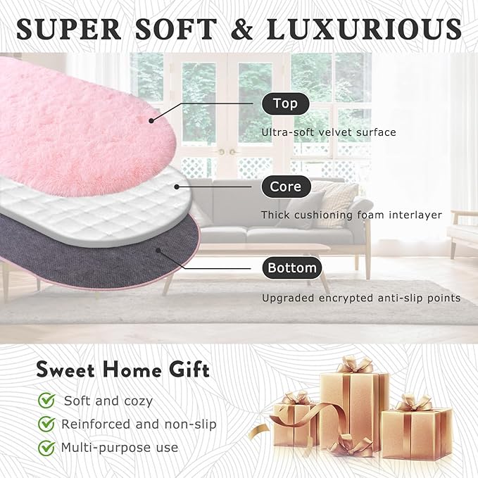 Soft Fluffy Area Rug for Bedroom, Pink Fuzzy Shaggy Oval Throw Rugs for Bedside, Non-Slip Cozy Plush Shag Carpet for Girls Kids Room Dorm Nursery Living Room, 2.6 x 5.3 Feet