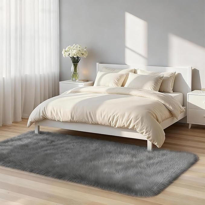 2x6 Solid Fluffy Grey Area Rug – Washable, Durable, Small Bedroom Runner Rug, Non-Slip Shag Rugs for Hallway, Living Room, Bedroom, Bedside, Dorms, Kids Room, Nursery Rooms, Soft Indoor Carpet