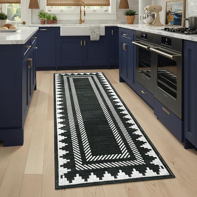 Modern Geometric Bordered 2×6 Non Slip Low Pile Runner Rugs for Kitchen Hallway Modern Stain Resistant Soft Indoor Carpet Foldable Machine Washable Non Shedding Bedroom Dining Room Rug, Black