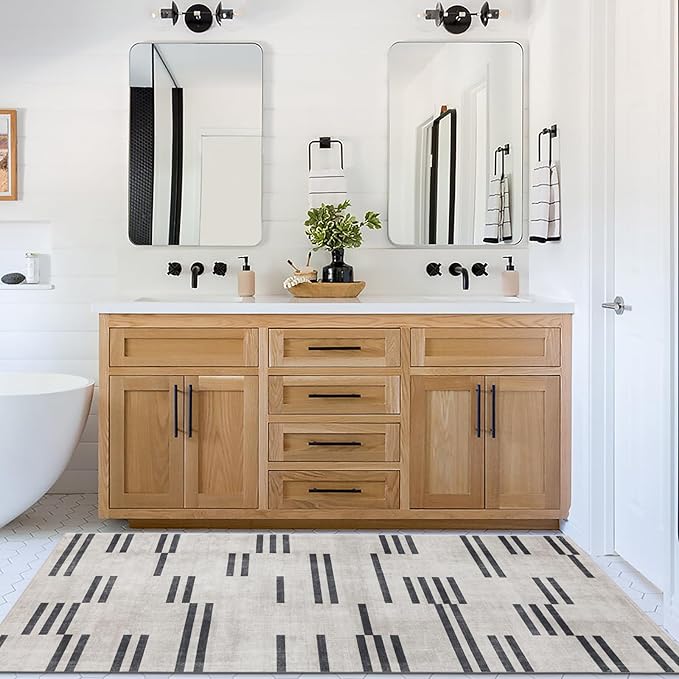 ReaLife Rugs Machine Washable Area Rug Runner - Living Room Bedroom Bathroom Kitchen Entryway Office -Non-Slip Baking Low Pile Stain Resistant Premium - Modern Geometric Loki-Beige & Black 2'6" x 6'