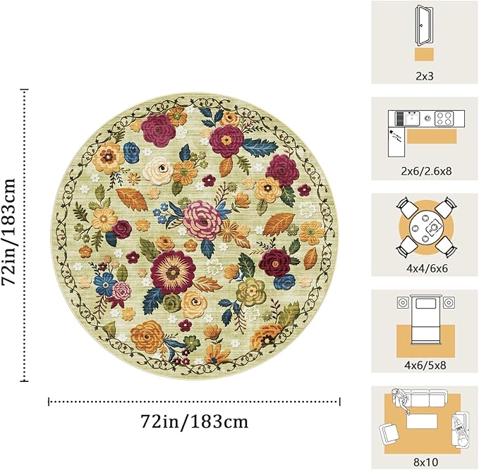 6ft Round Machine Washable Area Rug for Living Room, Green Vintage Boho Floral Rug Large Non-Slip Low Pile Soft Faux Wool Carpet, Kids and Pets Friendly for Bedroom Nursery Farmhouse Home Decor Rug