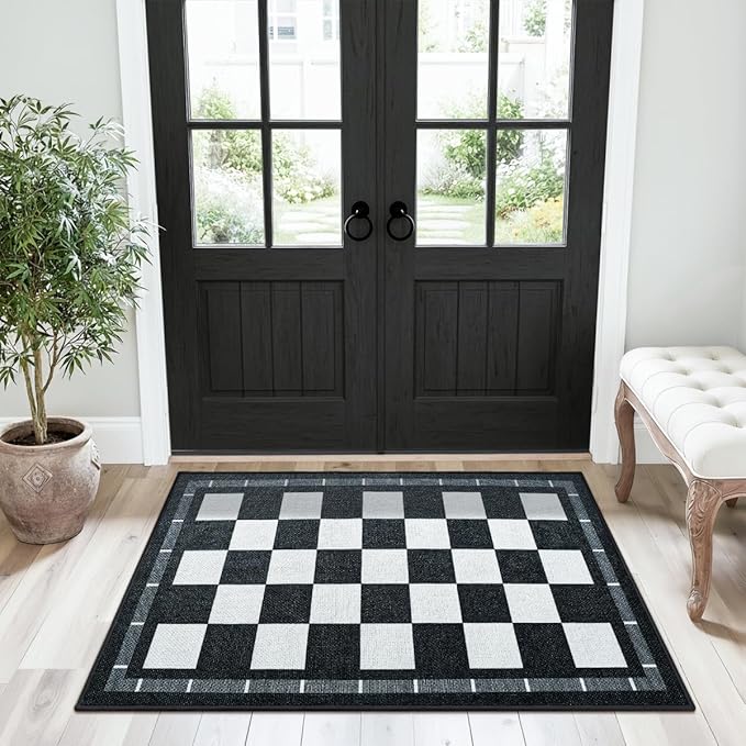 Vasofe Checkered Jute Kitchen Rug, 2x3 Black and White Rugs Indoor Outdoor Front Door Mat Non Slip Washable Area Rugs, Farmhouse Non Shedding Low Pile Floor Carpet for Entryway Porch Doorway