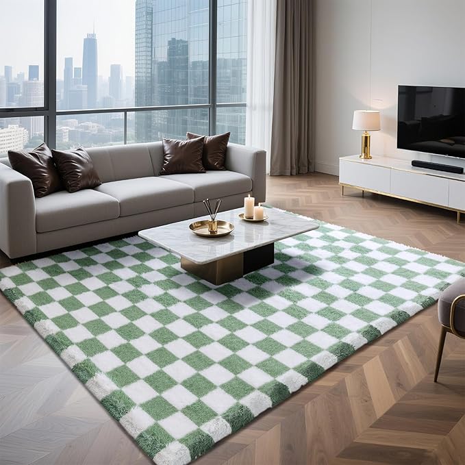 6x9 Area Rugs for Living Room Bedroom, Soft Fluffy Shaggy Bedside Rug, Indoor Floor Carpet for Kids Playroom, Dorms, Nursery Rooms, Home Decor (Green & White 6'x9')