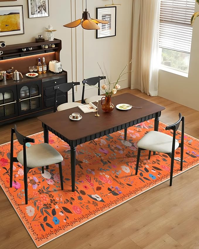 Boho Washable Area Rug 4x6 – Floral Low Pile Non-Slip Carpet for Living Room, Bedroom, Office, Playroom, Entryway, Kitchen, Dining Room (Orange)