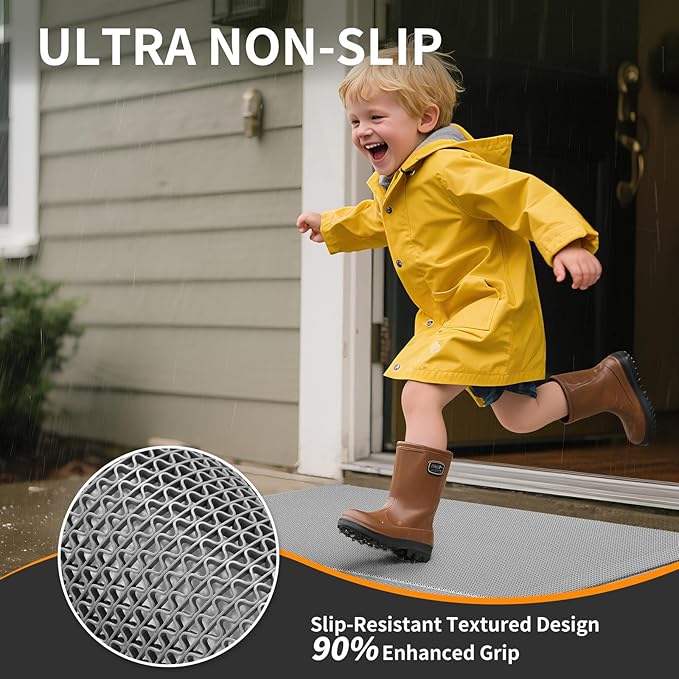 Front Door Mat 24''x71'', Drainage Heavy Duty Dirt Trapping Non-Slip Doormats, Outdoor Rubber Floor Mats, Restaurant Commercial Kitchen Industral Pool Entrance Bar Wet Area, Grey