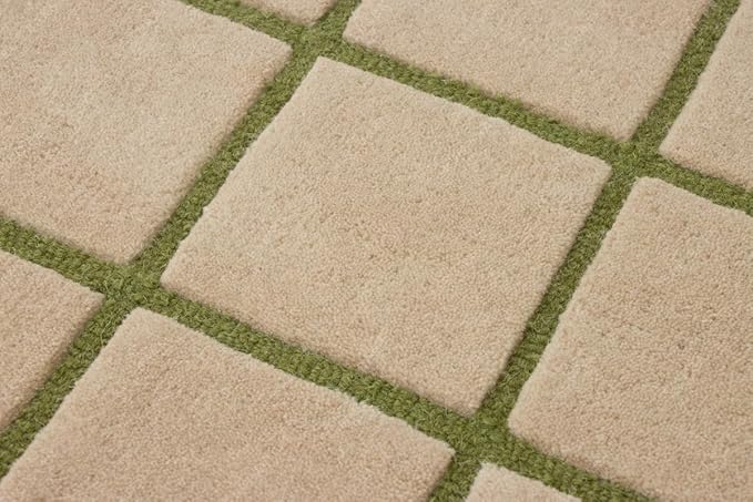 Scalloped Border Wool Area Rug with Windowpane Grid, Hand-Tufted, Beige-Blush with Sage Lines & Light Purple Edge - Soft High-Low Pile for Living Room, Bedroom, Nursery - 8x11 Ft
