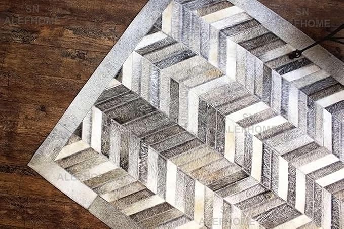 Chevron Pattern Faux Cowhide Area Rug | Non-Slip Leather Carpet for Living Room, Bedroom, and Office | Modern Designer Rug for Home Décor(3x12 ft_Grey)