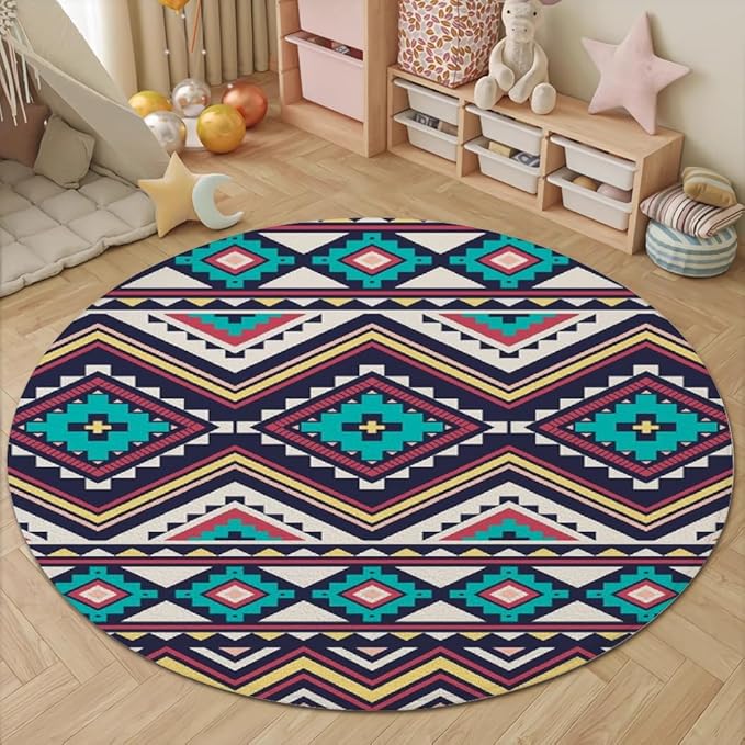 Native Tribal Geometry Round Rug Vintage Blue White Living Room Bedroom Area Rug Non Slip Soft Low Pile Washable Indoor Floor Carpet for Dining Room Kitchen Office Entryway 7ft