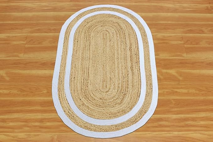 Oval Rug 5x7 Kilim Rug Natural Oval Jute Thick 0.27" Solid Design Beige White Hand Braided Jute Flatweave Mat Handmade Boho Indoor Outdoor Rugs for Bedroom Living Room Dining Room