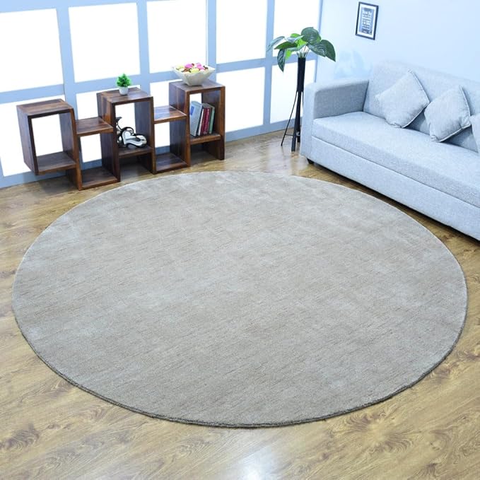 Hand Knotted Loom Wool ECO-Friendly Area Rugs - 8'x8', Round, Beige Color, Solid Plain Design, High Pile Thick Handmade Anti Skid Area Rugs for Living Room, Bed Room (L00111)
