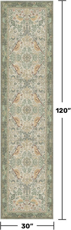 Vintage Runner Rugs for Hallways - Sage Green 2'6"x10' Wide Kitchen Runners, 10 ft Long Entryway Rug, Botanical Pattern with Flowers and Leaves, Washable Non Slip Low Pile