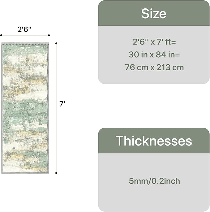 GENIMO Runner Rug Non Slip 2'6"x7', Washable Rug Runner for Hallways Kitchen, Abstract Modern Kitchen Rugs, Low Pile Lightweight Carpet Runners for Entryway, Bedroom, Laundry, Light Green