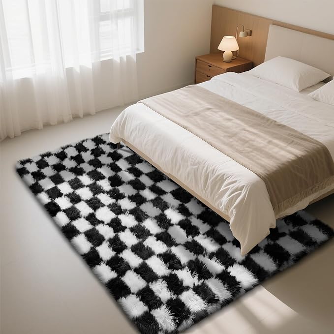 Checkered Rug for Living Room, 6x9 Black and White Area Rugs, Classic Checkered Carpets Shaggy Area Rug, Bedside Rugs for Living Room Bedroom Kids Room Home Decor