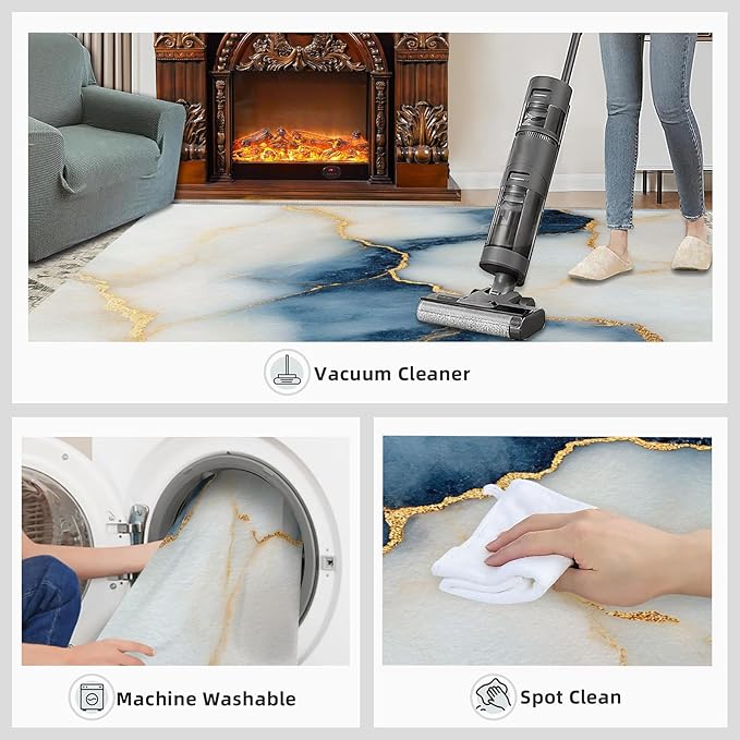 5x6 Abstract Marble Rugs for Office - Blue-White-Marble Living Room Carpet, Luxury Stone Pattern Bedroom Area Rug Kids Low Pile Rug for Indoor Outdoor Hardwood Floors Home Decor