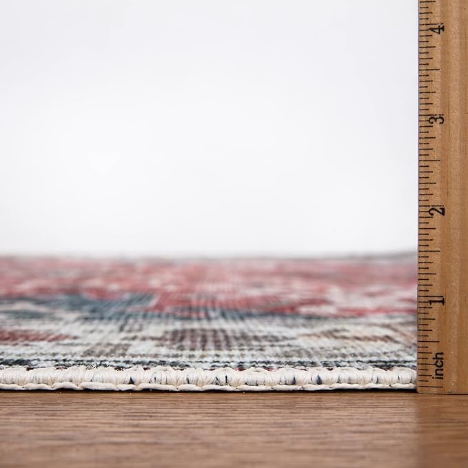 Bloom Rugs Washable Non-Slip 12 ft Runner - Red/Blue Traditional Runner for Entryway, Hallway, Bathroom, and Kitchen - Exact Size: 2.5' x 12'