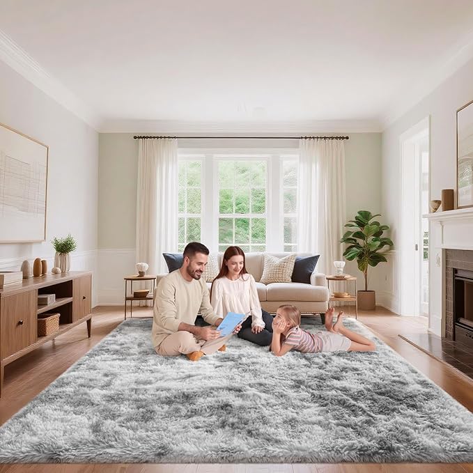 Tie-Dyed Grey Area Rugs 9x12 Living Room Bedroom, Fluffy Large Rug Soft Shag Non-Slip Carpet for Kids Boys and Girls Room Dorm Home Decor (9ft x 12ft)