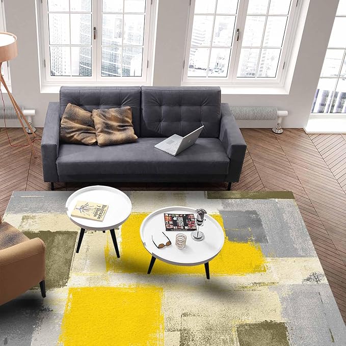Yellow Rectangular Area Rugs for Living Room Bedroom 5 x 6.9 ft Abstract Paint Texture Modern Art Non-Shedding Soft Low Pile Rug Non Slip Washable Rug for Nursery Entryway Playroom