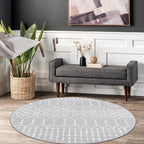 Lahome Moroccan Washable Round Rug 4Ft Round Area Rugs for Bedroom Non-Slip Grey Stain Resistant Round Kitchen Rug, Modern Geometric Print Indoor Floor Circle Carpet for Entryway Living Room Sofa
