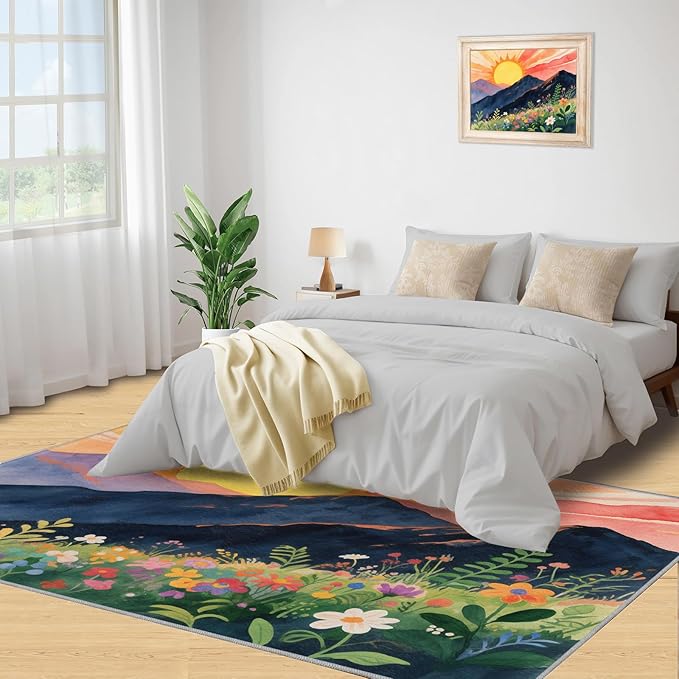 Boho Sun Area Rugs 3x4ft, Minimalist Line Kids Bedroom Rug, Geometric Solar Bedside Rug Durable Non Slip for Cafe Living Room Under Table Boys Room Decor