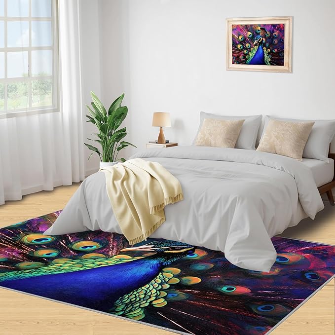 Peacock Rugs for Bedroom - 4x6 Area Rug - Watercolor Peacock Rugs for Living Room, Abstract 3D Animal Rug, Non-Slip Washable Home Decor Carpet
