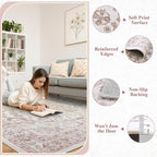 Wonnitar Floral Washable 8x10 Rug, Pink Area Rug for Bedroom Girls, Soft Non Slip Ultra-Thin Large Boho Vintage Home Decor Carpet for Living Room Nursery Dining Room Girl Room