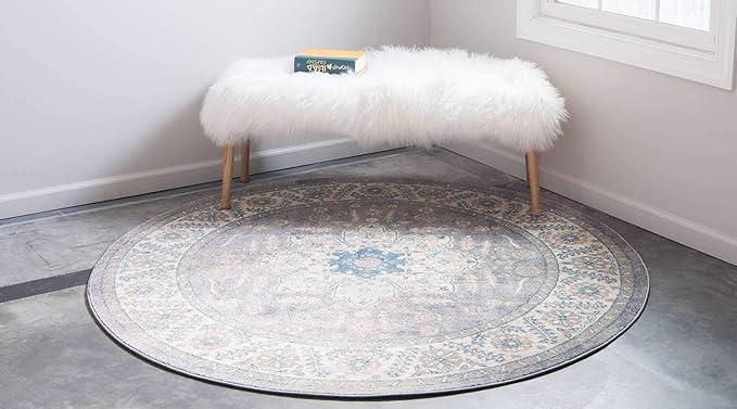 Unique Loom Salzburg Collection Classic Traditional Design Oriental Inspired Border Area Rug (8' 0 x 8' 0 Round, Gray/Beige)