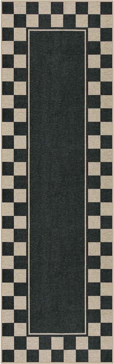 Moynesa Easy Jute Runner Rugs Washable 2.5x8 Entryway Runners Rug for Kitchen Black Checkered Carpet for Indoor Outdoor Non Slip Mat for Hallways Bathroom Bedroom Laundry Living Room Corridor