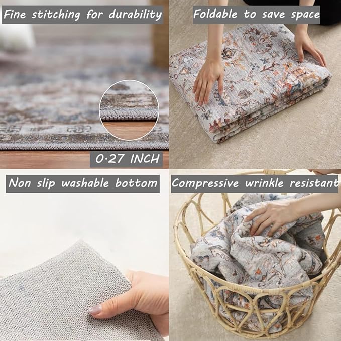 Area Rug 2x3 Washable Rug Door Mat Vintage Distressed Doormat Indoor Entrance Traditional Thin Rug Floral Print Non Slip Carpet for Kitchen Bathroom Bedroom Living Room