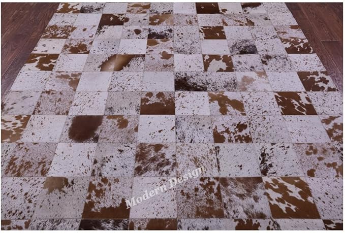Modern Design Premium Cowhide Leather Carpet with Chevron Pattern, Area Rug (White/Brown, 8x10)