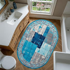 Distressed Blue Grey Greek Key Pattern Indoor Area Rug 5x8 for Living Room Bedroom Dining Room Faux Wool Anti Slip Floor Mats Nursery Entryway Minimalist Geometric Texture Bordered Rugs Retro Carpet