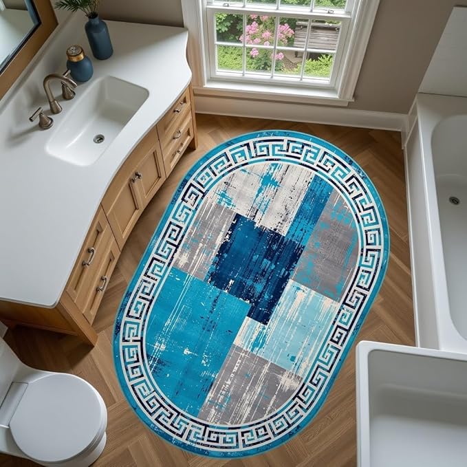 Distressed Blue Grey Greek Key Pattern Indoor Area Rug 6x8 for Living Room Bedroom Dining Room Faux Wool Anti Slip Floor Mats Nursery Entryway Minimalist Geometric Texture Bordered Rugs Retro Carpet