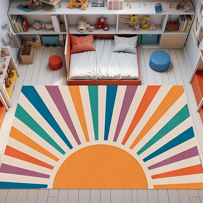 Rainbow Sun Area Rug,3x5ft,Colorful Boho Style Rug, Non-Slip Machine Washable Easy Care Carpet for Kids Girls Boys Bedroom, Living Room, Classroom, Office Decor