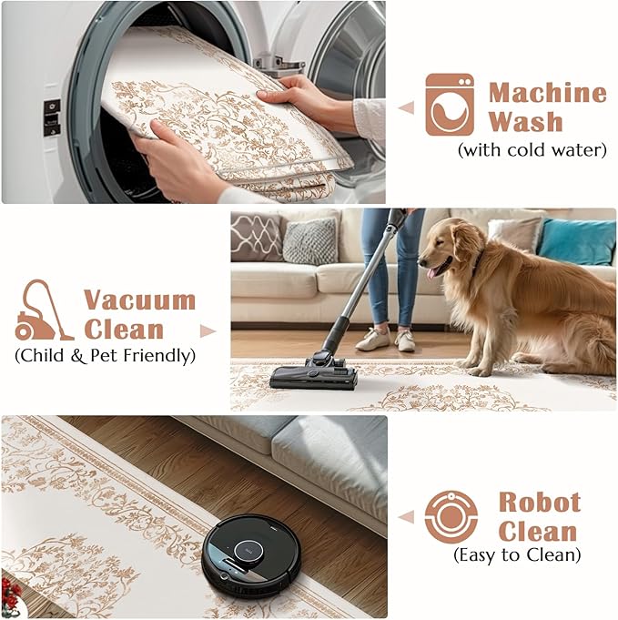 jinchan Area Rug 8x10 Washable Rug Vintage Living Room Carpet Thin Non Slip Large Mat Floral Medallion Boho Floor Cover Low Pile Carpet for Bedroom Dining Room Nursery Office Farmhouse