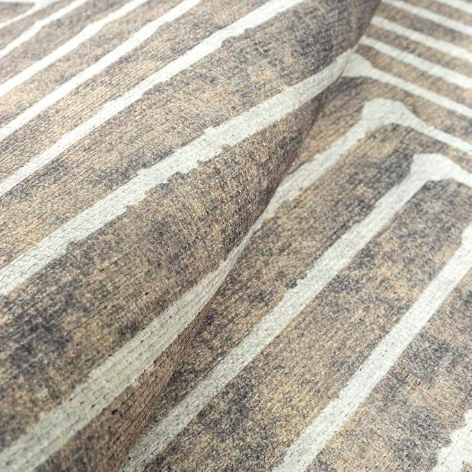 GLN Rugs Contemporary Collection - Machine Washable Area Rug, Contemporary Washable, Non Slip, Low Pile Chenille Rug, Living Room, Bedroom, Kitchen Rug (2'6" x 10' Lines Cream)