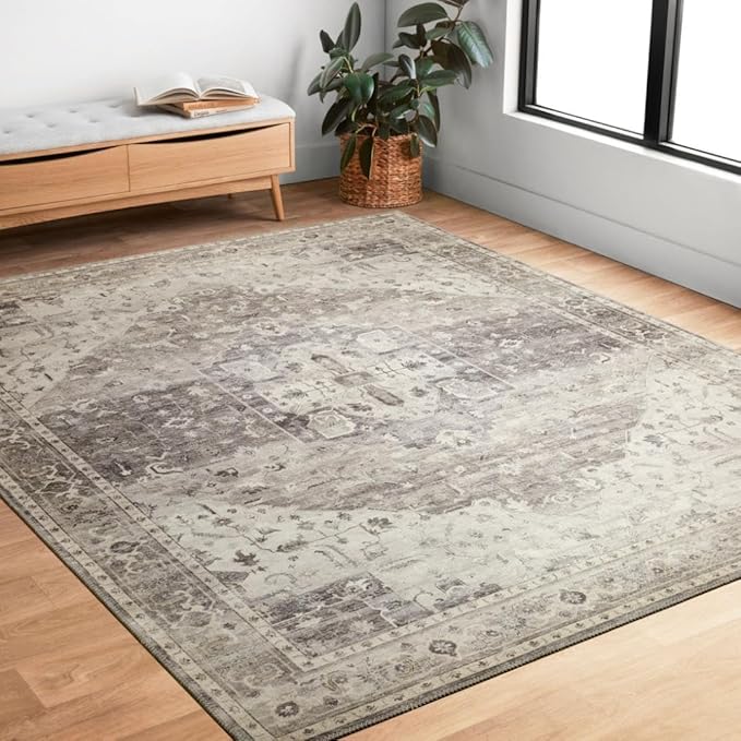 Loloi Hathaway Collection HTH-05 Steel/Ivory 9'-0" x 12'-0", .25" Thick Area Rug, Soft, Durable, Printed, Modern, Low Pile, Non-Shedding, Easy Clean, Living Room Rug