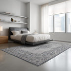 Washable Area Rugs 8x10, Large Rugs for Living Room, Carpet for Bedroom, Soft Faux Wool Retro Dining Room Rug, Non-Slip Backing Resistant Low Pile Vintage Print Rug for Home Office (Grey/Blue)