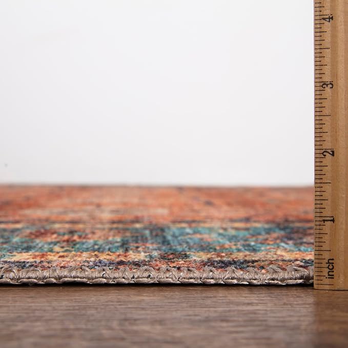 Bloom Rugs Washable Non-Slip 6' x 9' Rug - Orange/Teal Blue Traditional Bordered Area Rug for Living Room, Bedroom, Dining Room, and Kitchen - Exact Size: 6' x 9'