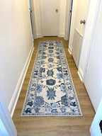 Fame Living Navy Blue Oushak Runner Rug, Modern Runners, Vintage, Turkish, Eclectic, Floral, Pastel, Washable, Runner for Hallway, Kitchen, Bedroom, Bathroom, 2'5"x9'8"