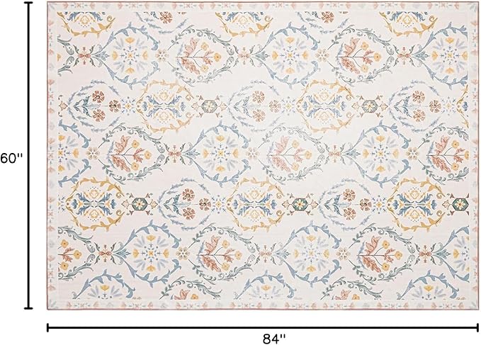Phantoscope Washable Area Rug 5'x7' Non-Slip, Vintage Floral Boho Rugs for Living Room, Bedroom, DiningRoom, Soft Botanical Moroccan Pattern, Low-Pile Foldable Floor Carpet, Ivory Pink/Boho Garden