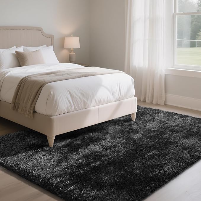 Fluffy Rug Shaggy Area Rug, Black 6x9 Area Rugs for Living Room, Large Shag Area Rugs for Bedroom Kids Room Home Decor, Upgrade Anti-Skid Rectangular Fuzzy Rugs