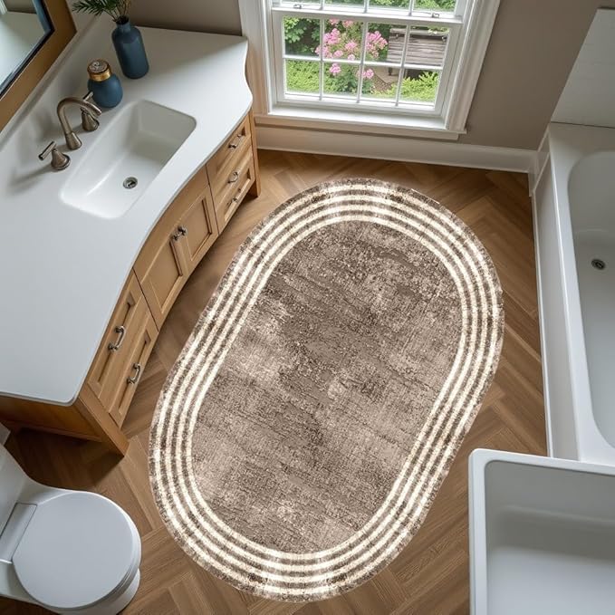 Country Earth Tone Brown Minimalist Distressed Home Office Rugs 7x9 for Living Room Bedroom Diningrooom Machine Washable Soft Thick Area Rug Nursery Dorm Kitchen Oval Geometric Bordered Large Carpet