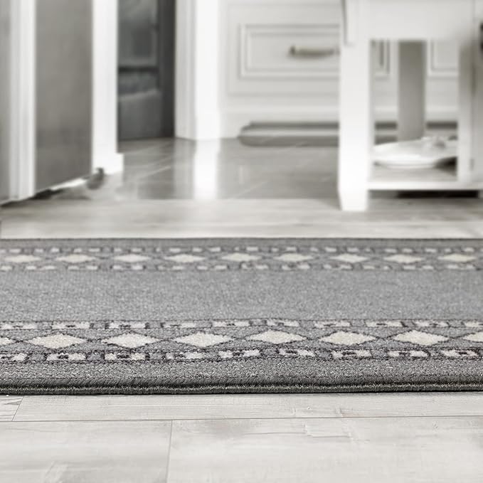 Antep Rugs Alfombras Modern Bordered 2pc Non-Skid (Non-Slip) Low Profile Pile Rubber Backing Indoor Kitchen Runner Rugs (Gray, 2pc Set)