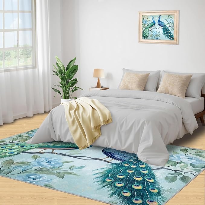 Peacock Rugs for Living Room - 6x8 Rug, Classic Peacock Floral Area Rugs for Bedroom, Teal Turquoise Rug, Modern Style Washable Carpet, Aesthetics Carpet - Peafowl Home Decor & Gifts