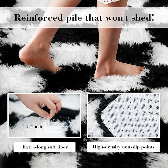 Checkered Rug for Bedroom, 3x5 Black and White Area Rugs, Classic Checkered Carpets Shaggy Area Rug, Bedside Rugs for Living Room Bedroom Kids Room Home Decor