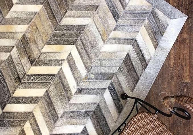 Chevron Pattern Faux Cowhide Area Rug | Non-Slip Leather Carpet for Living Room, Bedroom, and Office | Modern Designer Rug for Home Décor(4x6 ft_Grey)
