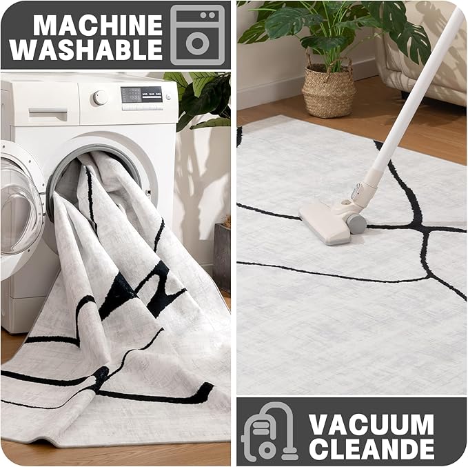 YIHOUSE Abstract 6'x9' Black and White Rug- Washable Area Rug for Living Room Bedroom, Large Modern Non-Slip Ultra-Thin Rug Home Decor,Warping,6x9ft