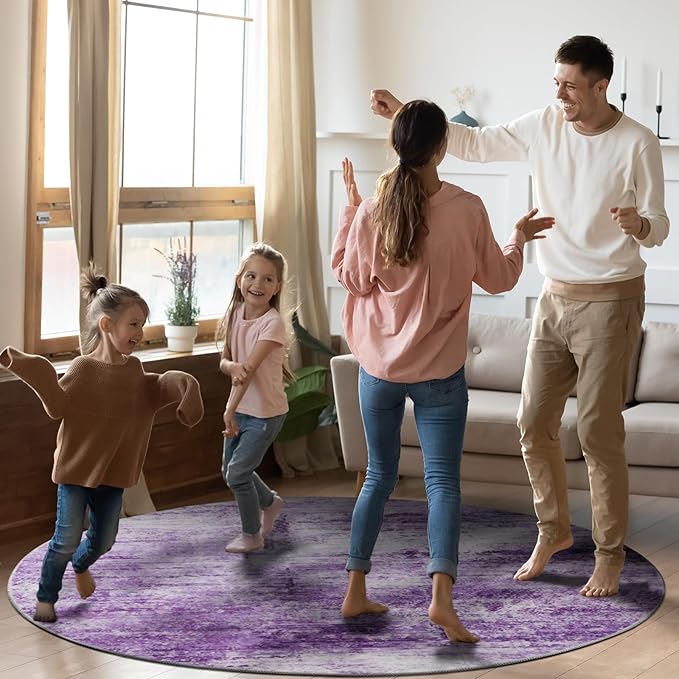 Round 6ft Abstract Rug, Modern Washable Indoor Circle Area Rugs for Living Room, Soft Large Circular Non-Slip Carpet Floor Mat for Bedroom Dining Room Home Office - Abstract Purple